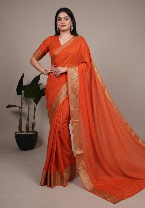 Orange Zari Work Mass Mello Saree Set