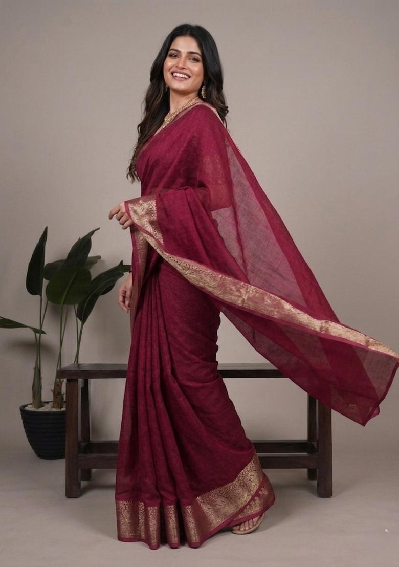 Crimson Red Zari Work Mass Mello Saree Set - Indya