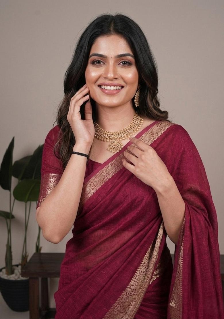 Crimson Red Zari Work Mass Mello Saree Set - Indya