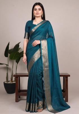 Teal Zari Work Mass Mello Saree Set