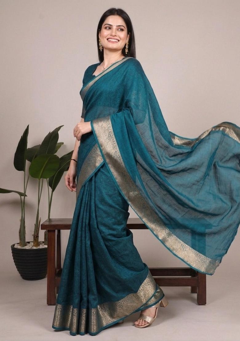 Teal Zari Work Mass Mello Saree Set - Indya