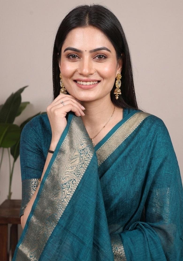 Teal Zari Work Mass Mello Saree Set - Indya