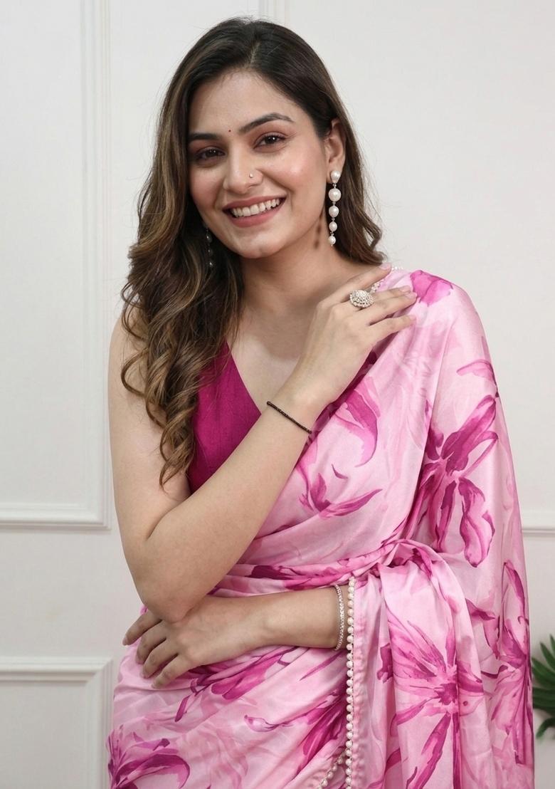 Pink Floral Print Silk Saree Set - Indya