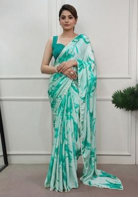 Firozi Floral Print Silk Saree Set