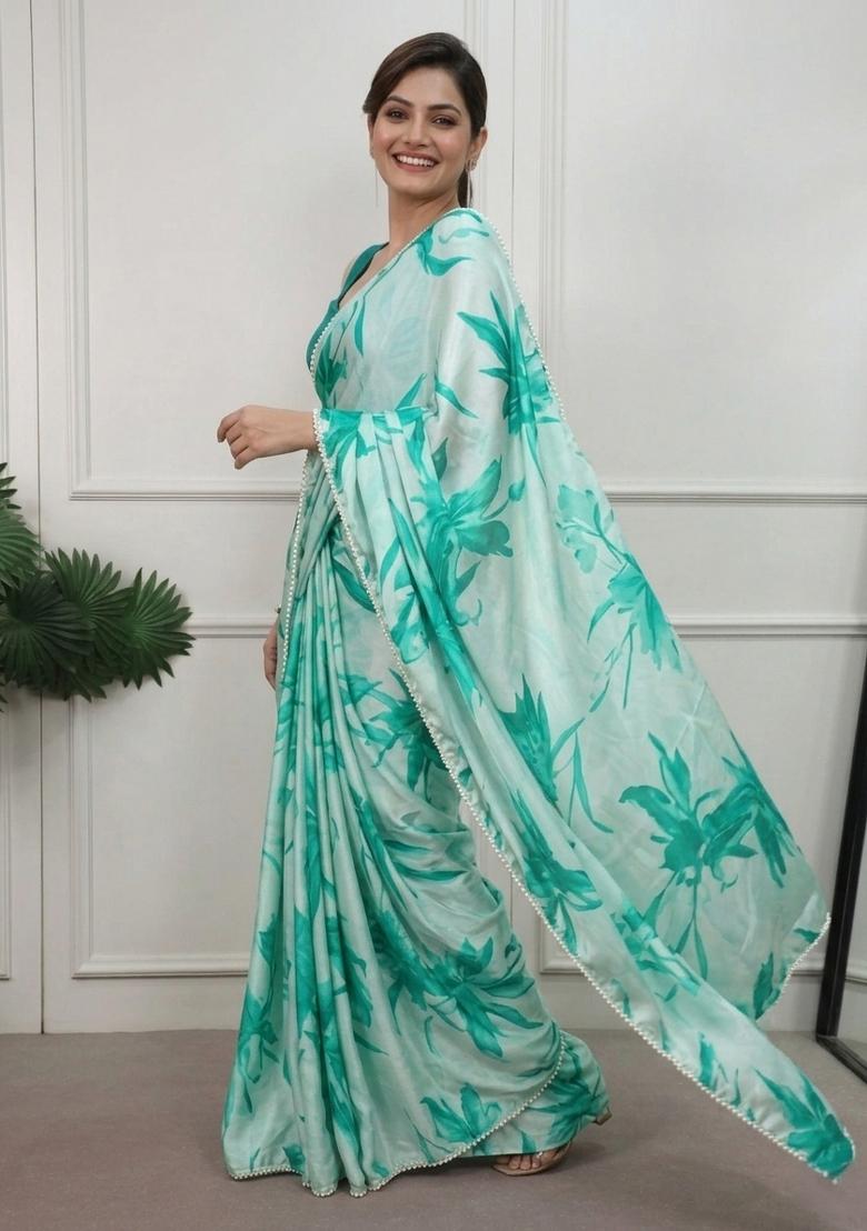 Firozi Floral Print Silk Saree Set - Indya