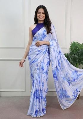Sky Blue Floral Print Silk Saree Set