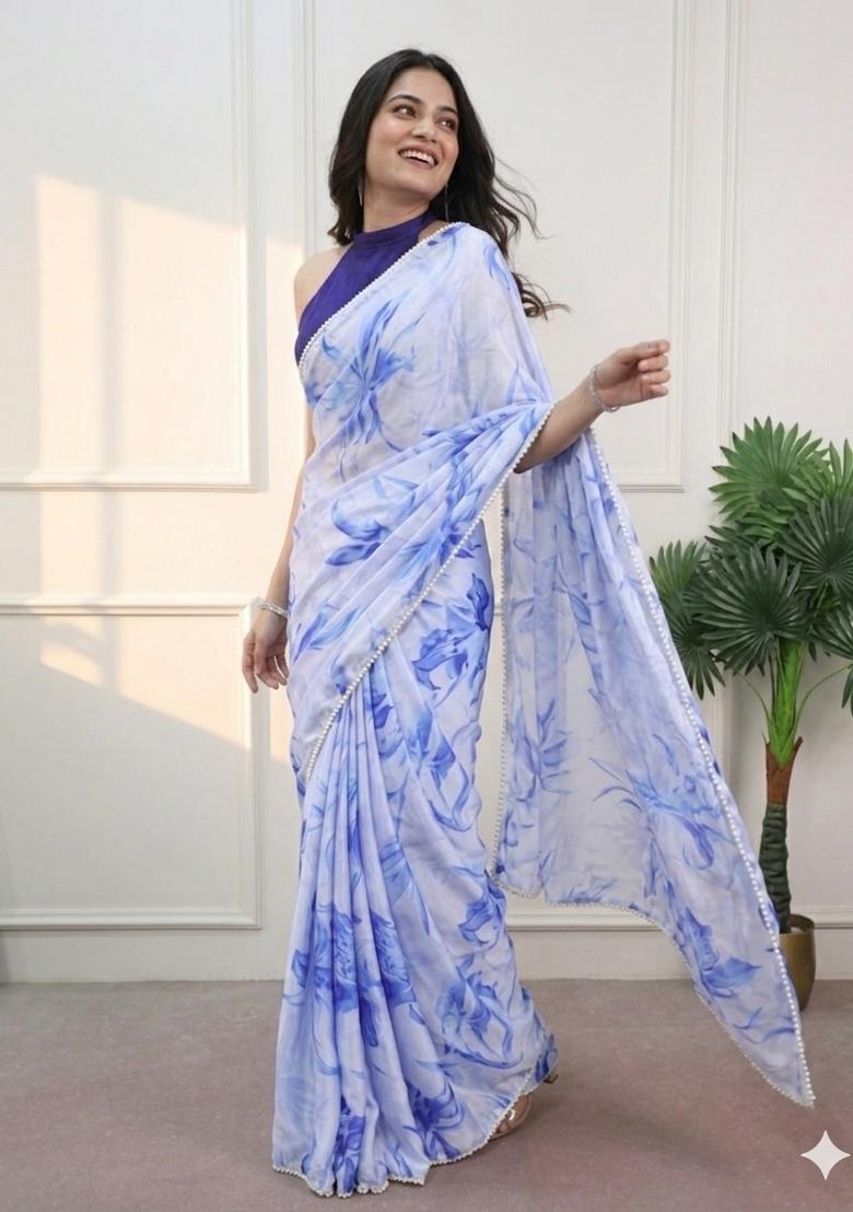 Sky Blue Floral Print Silk Saree Set - Indya
