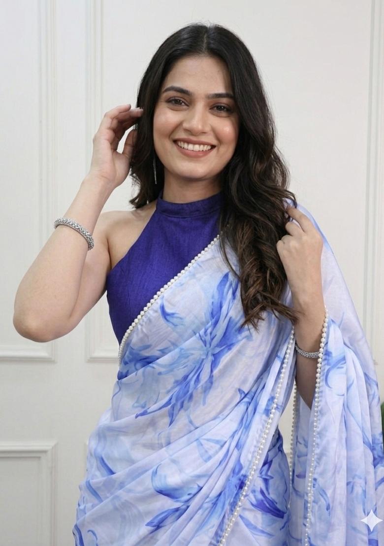 Sky Blue Floral Print Silk Saree Set - Indya