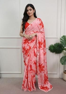 Red Floral Print Silk Saree Set