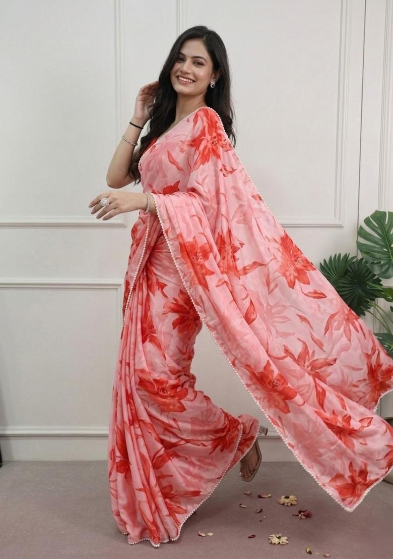 Red Floral Print Silk Saree Set - Indya