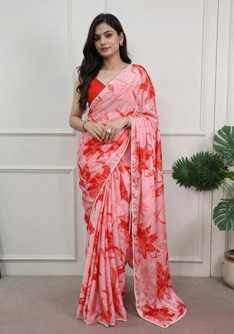 Red Floral Print Silk Saree Set