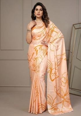 Orange Printed Silk Saree Set