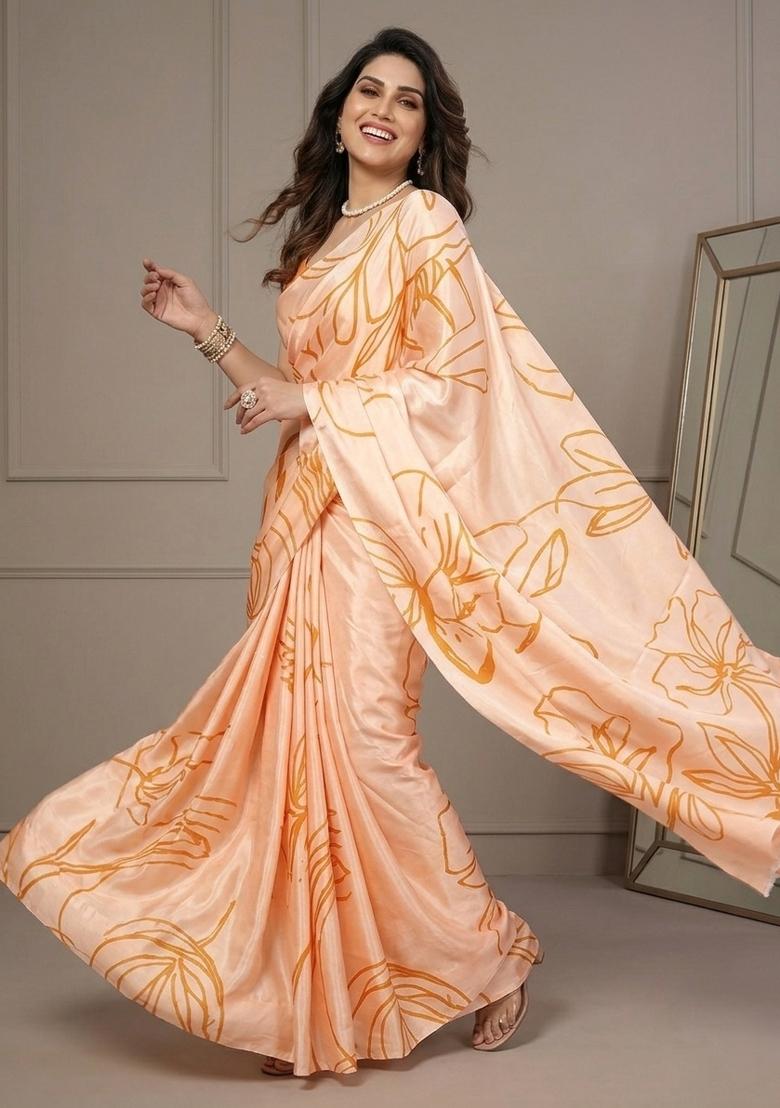 Orange Printed Silk Saree Set - Indya
