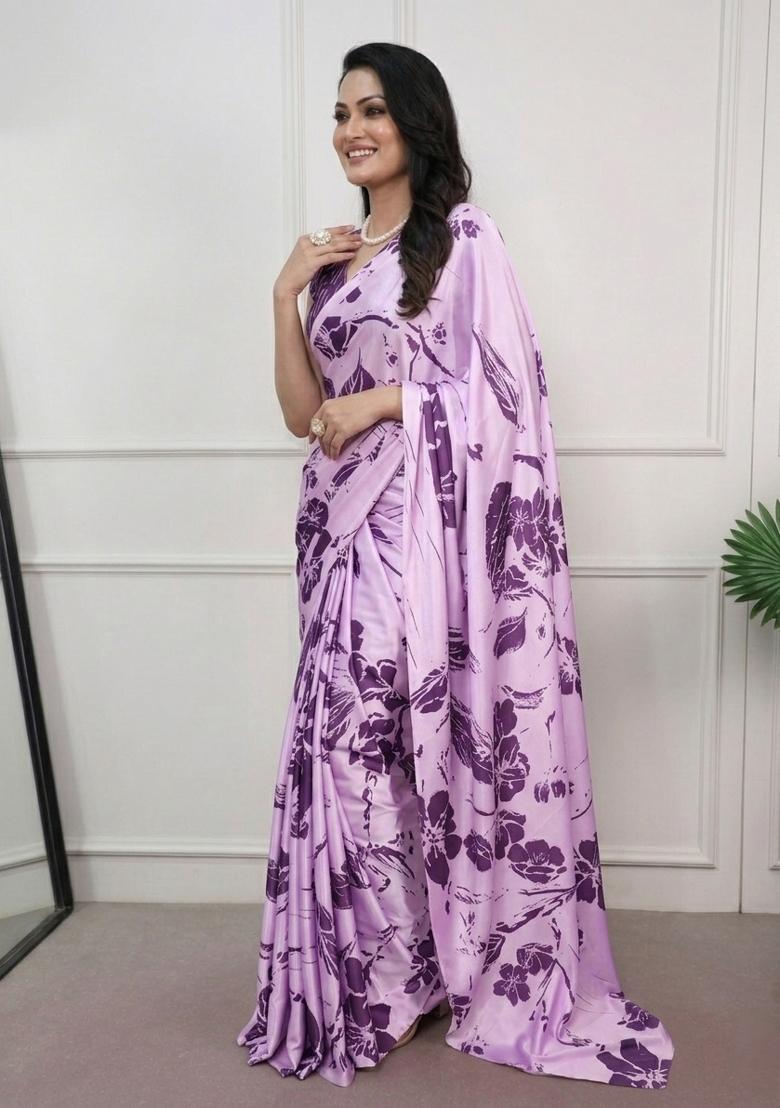 Lavender Printed Silk Saree Set - Indya