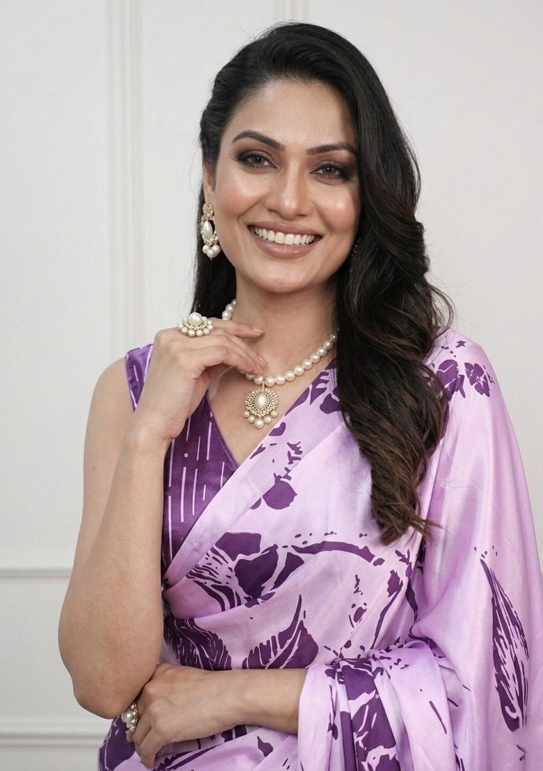 Lavender Printed Silk Saree Set - Indya