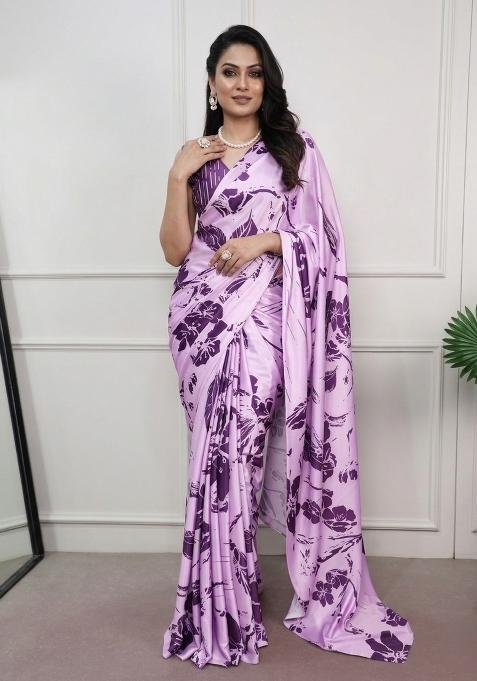 Lavender Printed Silk Saree Set