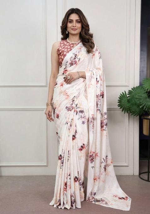 White Printed Silk Saree Set