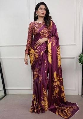 Wine Printed Silk Saree Set