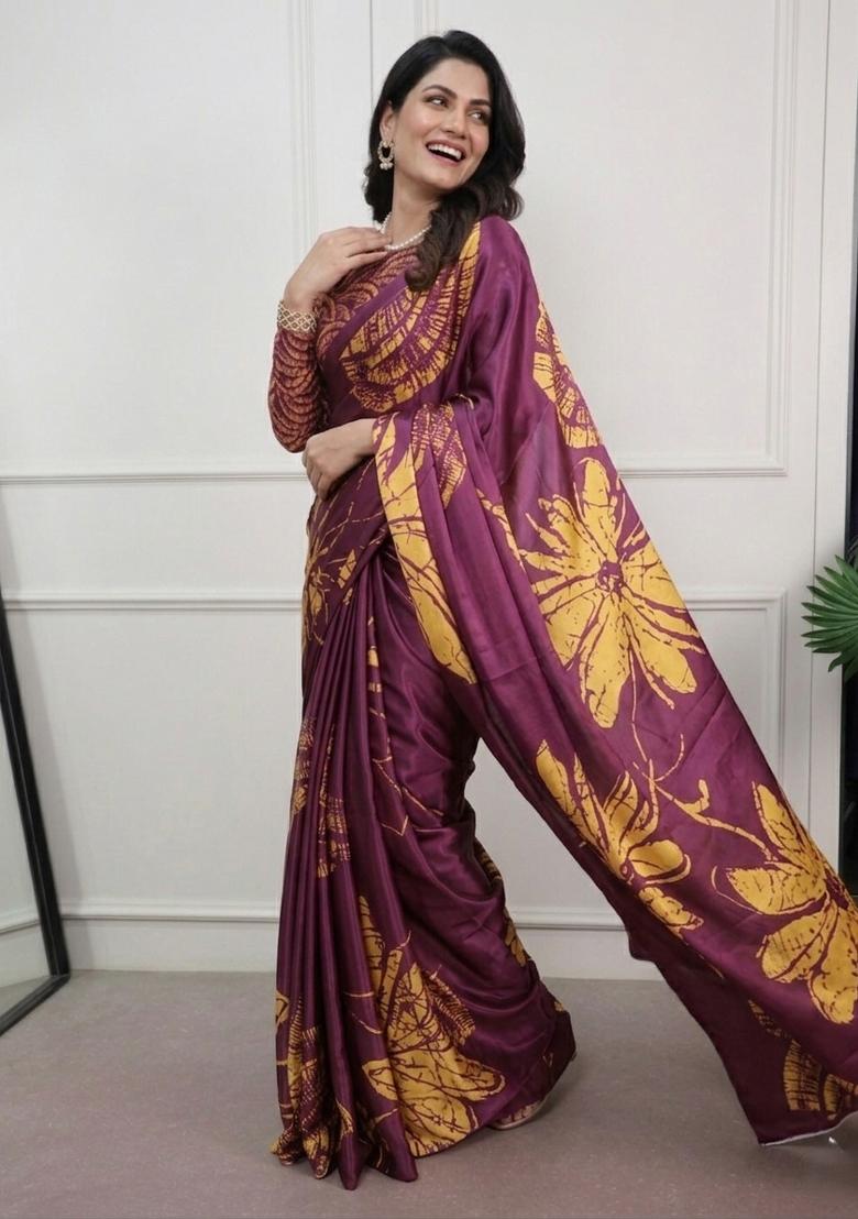 Wine Printed Silk Saree Set - Indya