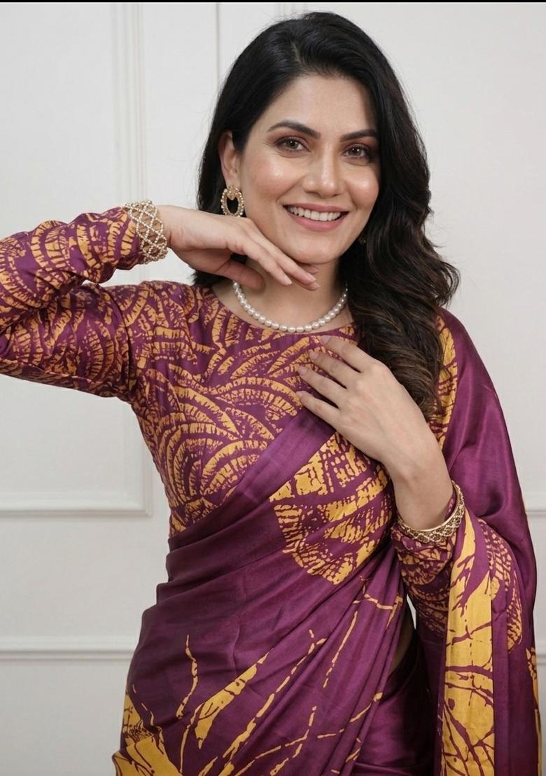 Wine Printed Silk Saree Set - Indya