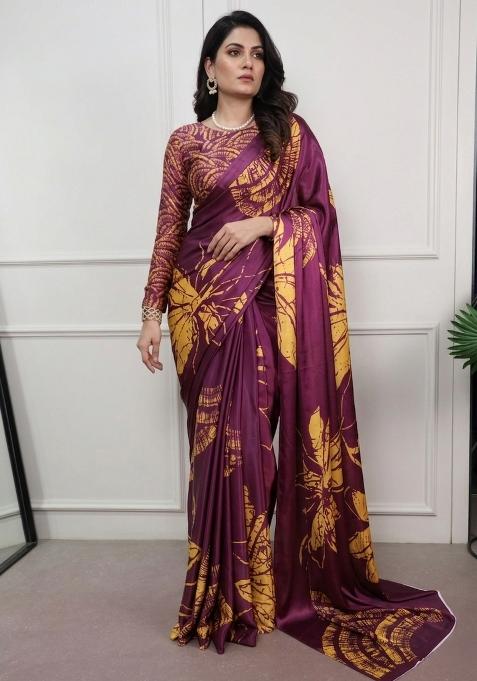 Wine Printed Silk Saree Set