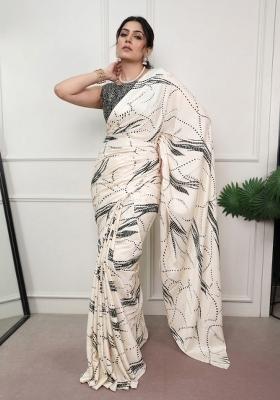 Off White Printed Silk Saree Set
