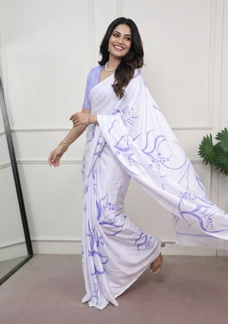 Sky Blue Printed Silk Saree Set - Indya