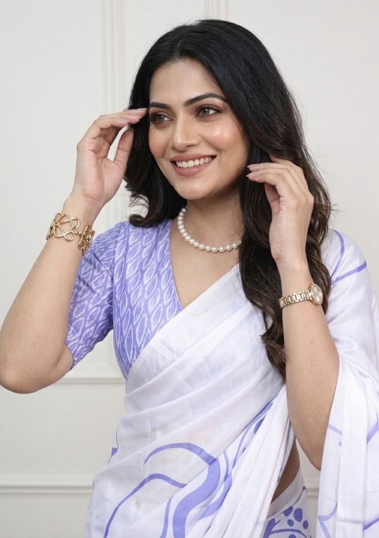 Sky Blue Printed Silk Saree Set - Indya