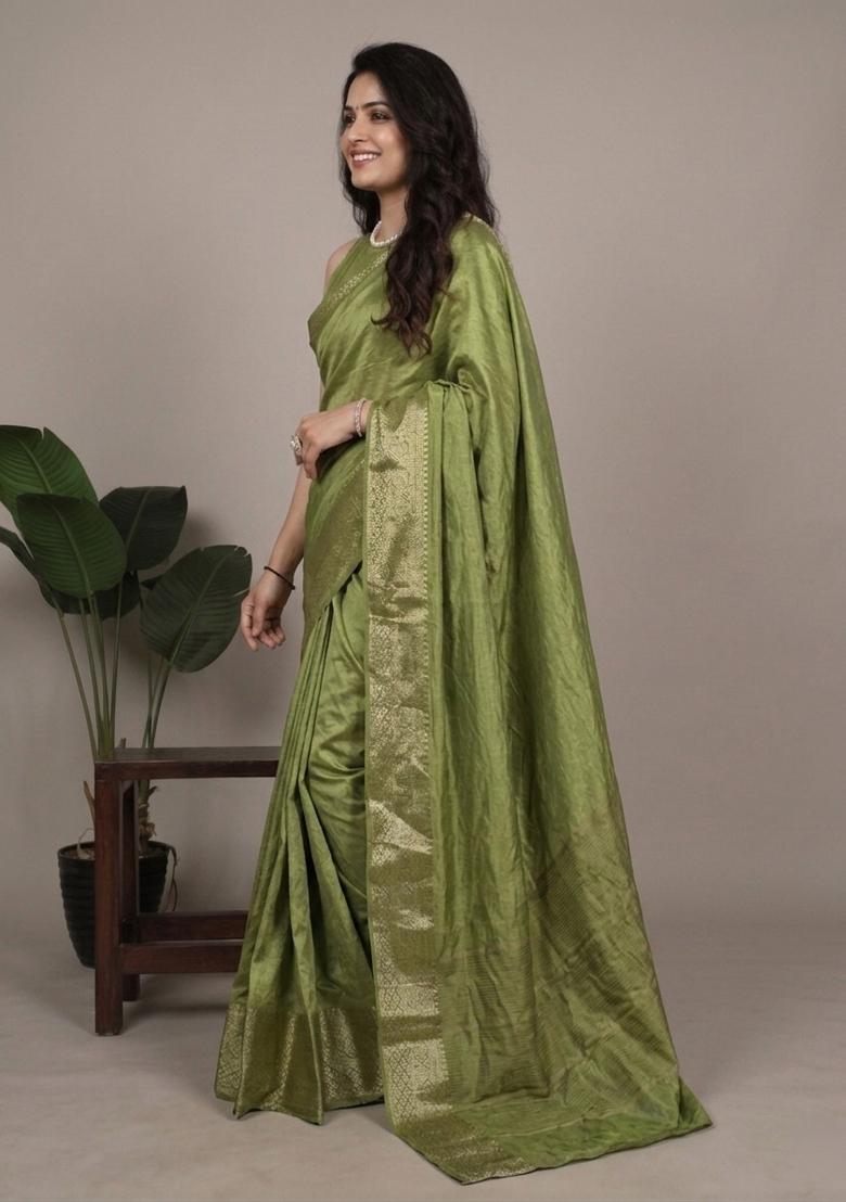 Green Zari Work Silk Saree Set - Indya