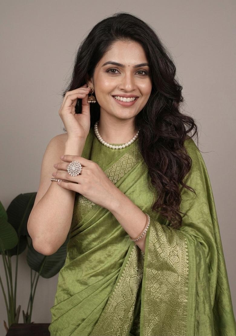 Green Zari Work Silk Saree Set - Indya