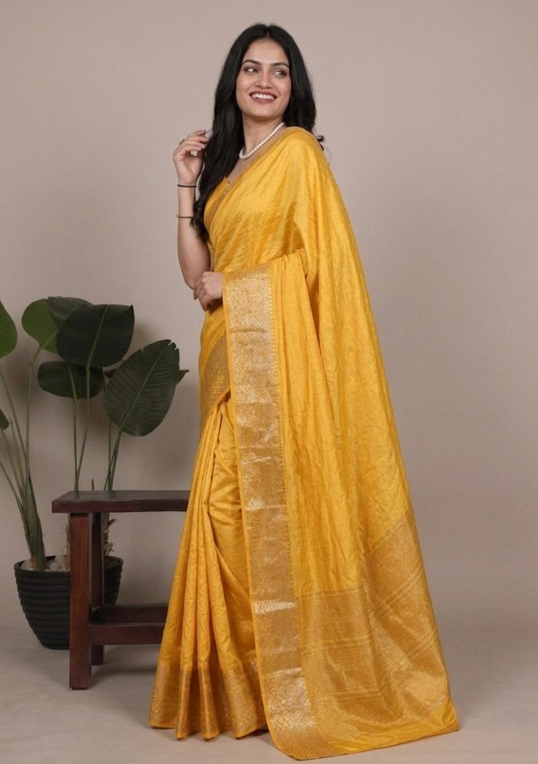Yellow Zari Work Silk Saree Set - Indya