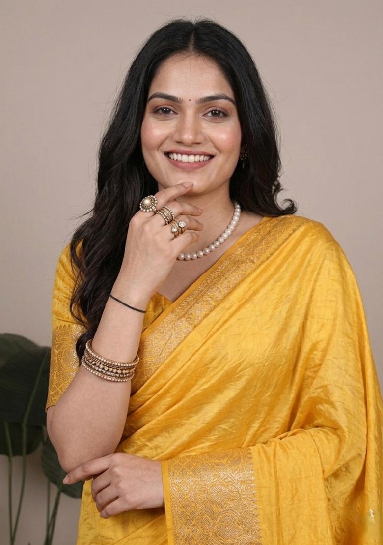Yellow Zari Work Silk Saree Set - Indya
