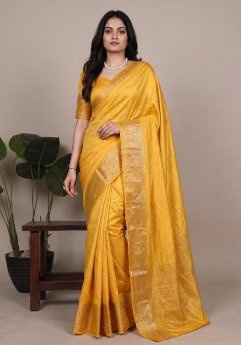 Yellow Zari Work Silk Saree Set