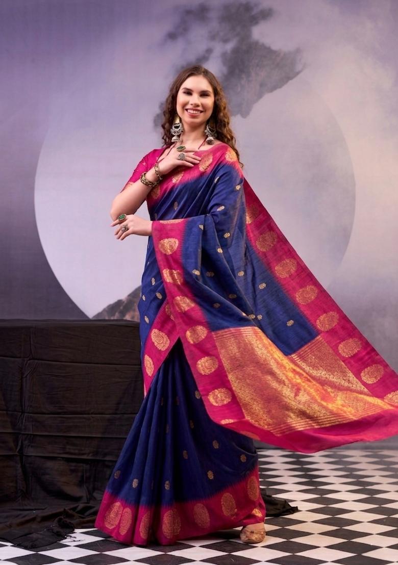 Navy Blue Zari Work Cotton Saree Set - Indya