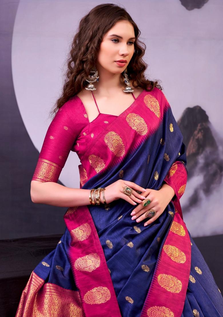 Navy Blue Zari Work Cotton Saree Set - Indya