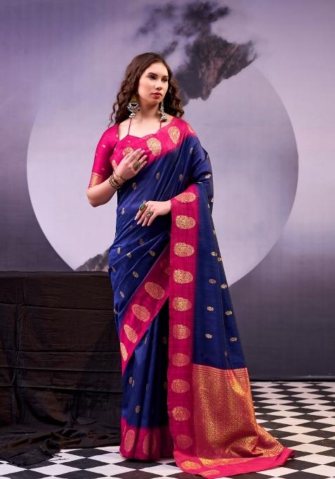Navy Blue Zari Work Cotton Saree Set