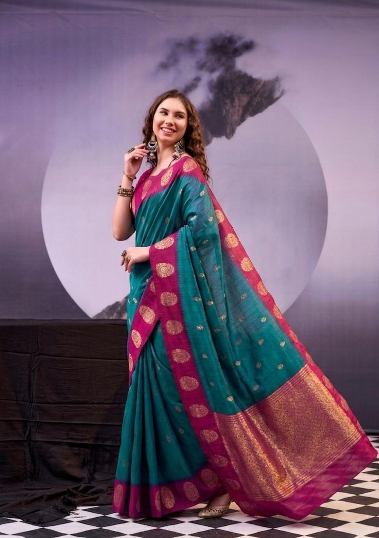 Teal Zari Work Cotton Saree Set - Indya