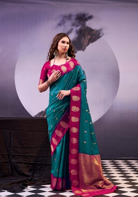 Teal Zari Work Cotton Saree Set