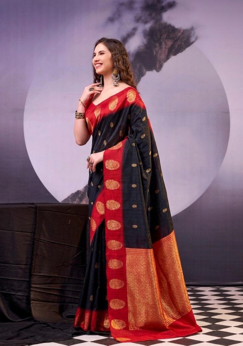 Black Zari Work Cotton Saree Set - Indya