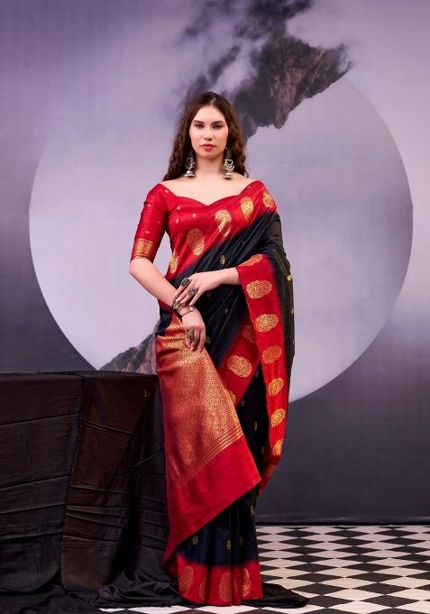 Black Zari Work Cotton Saree Set