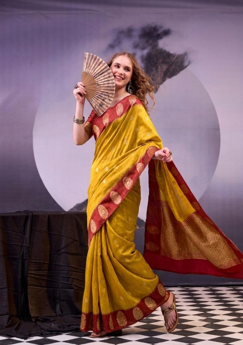 Mustard Zari Work Cotton Saree Set - Indya