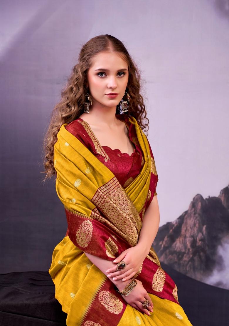 Mustard Zari Work Cotton Saree Set - Indya