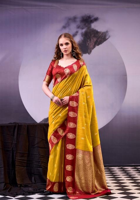 Mustard Zari Work Cotton Saree Set
