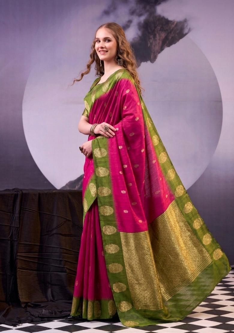 Pink Zari Work Cotton Saree Set - Indya