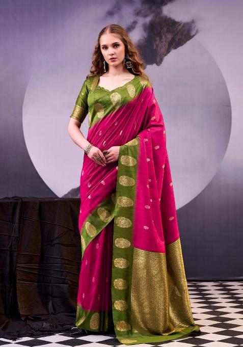 Pink Zari Work Cotton Saree Set