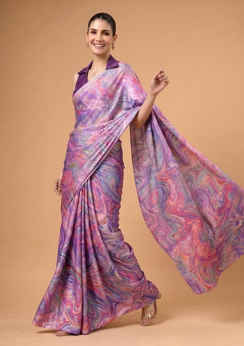 Lavender Printed Silk Saree Set - Indya