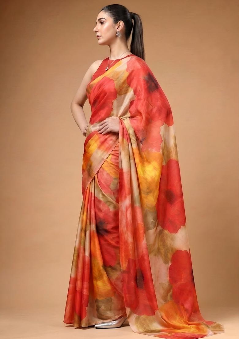 Multicolor Printed Silk Saree Set - Indya