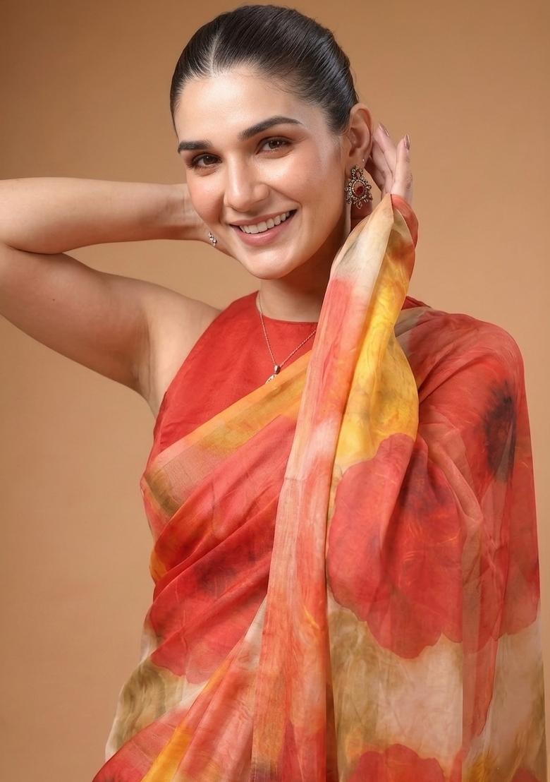 Multicolor Printed Silk Saree Set - Indya