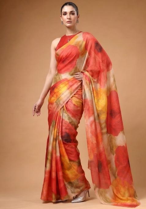 Multicolor Printed Silk Saree Set