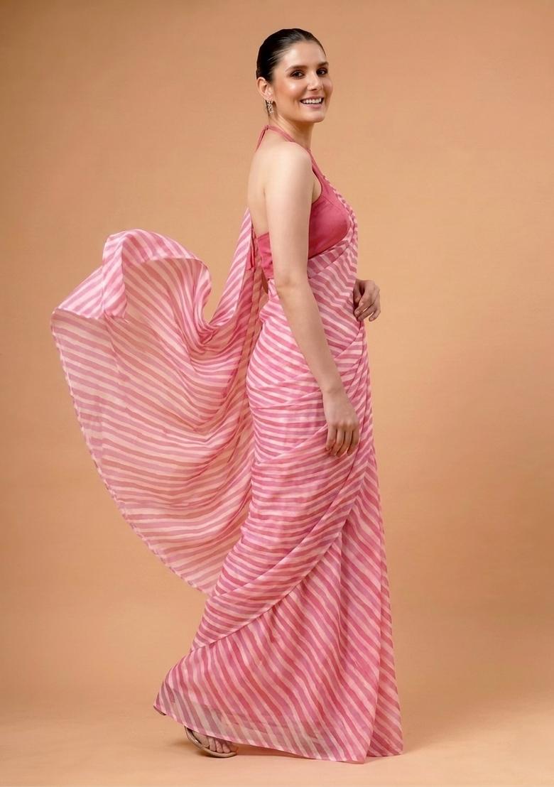Pink Printed Silk Saree Set - Indya